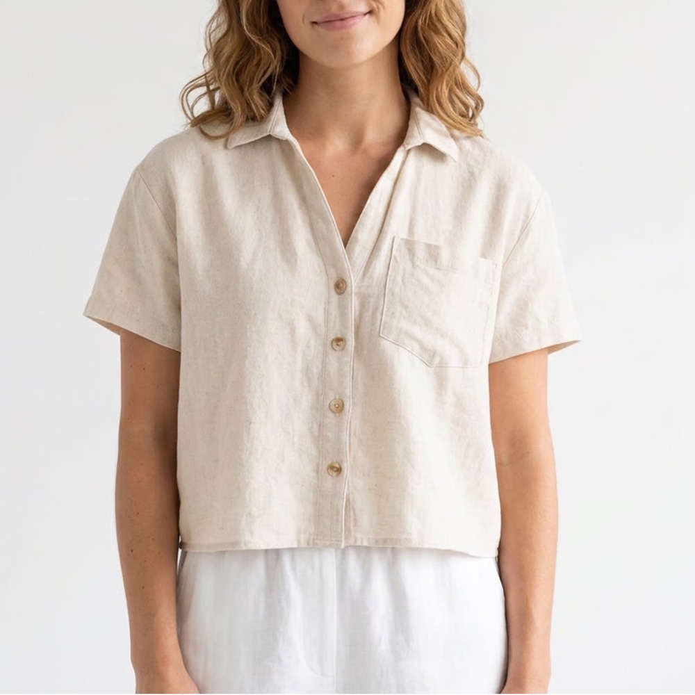 Love Notes Cream Linen Blend Short Sleeve Button Down Cropped Shirt Large